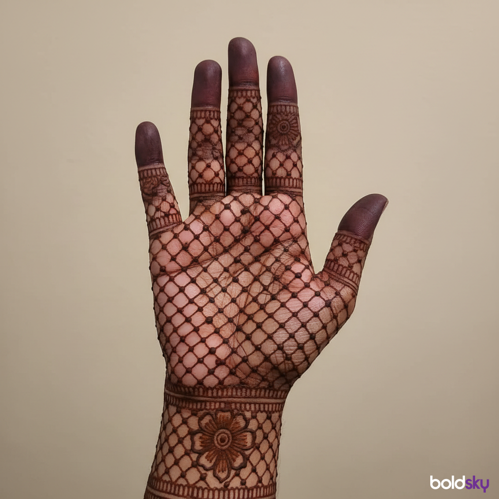 Front of right hand intricate jaali mehndi.