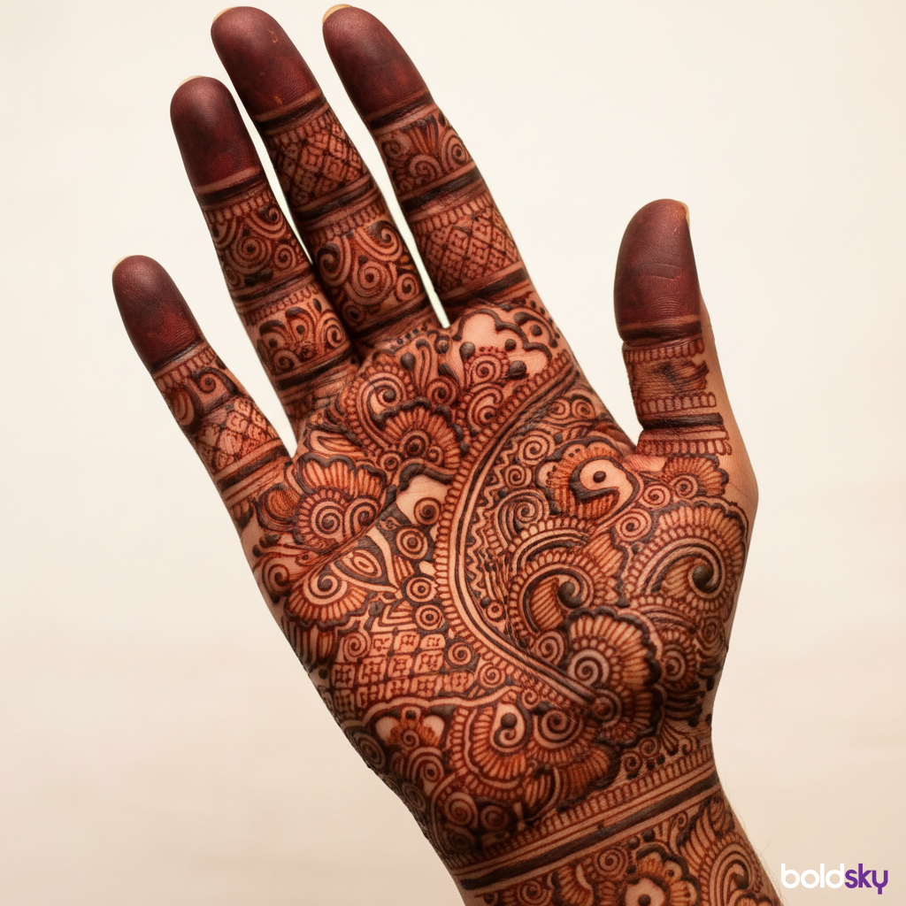 Right hand intricate bridal mehndi design.
