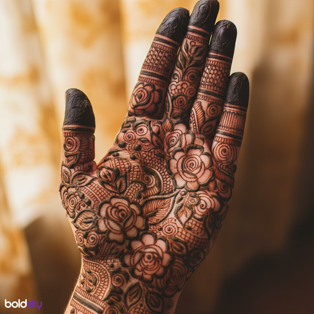 Left hand palm intricate rose mehndi design.