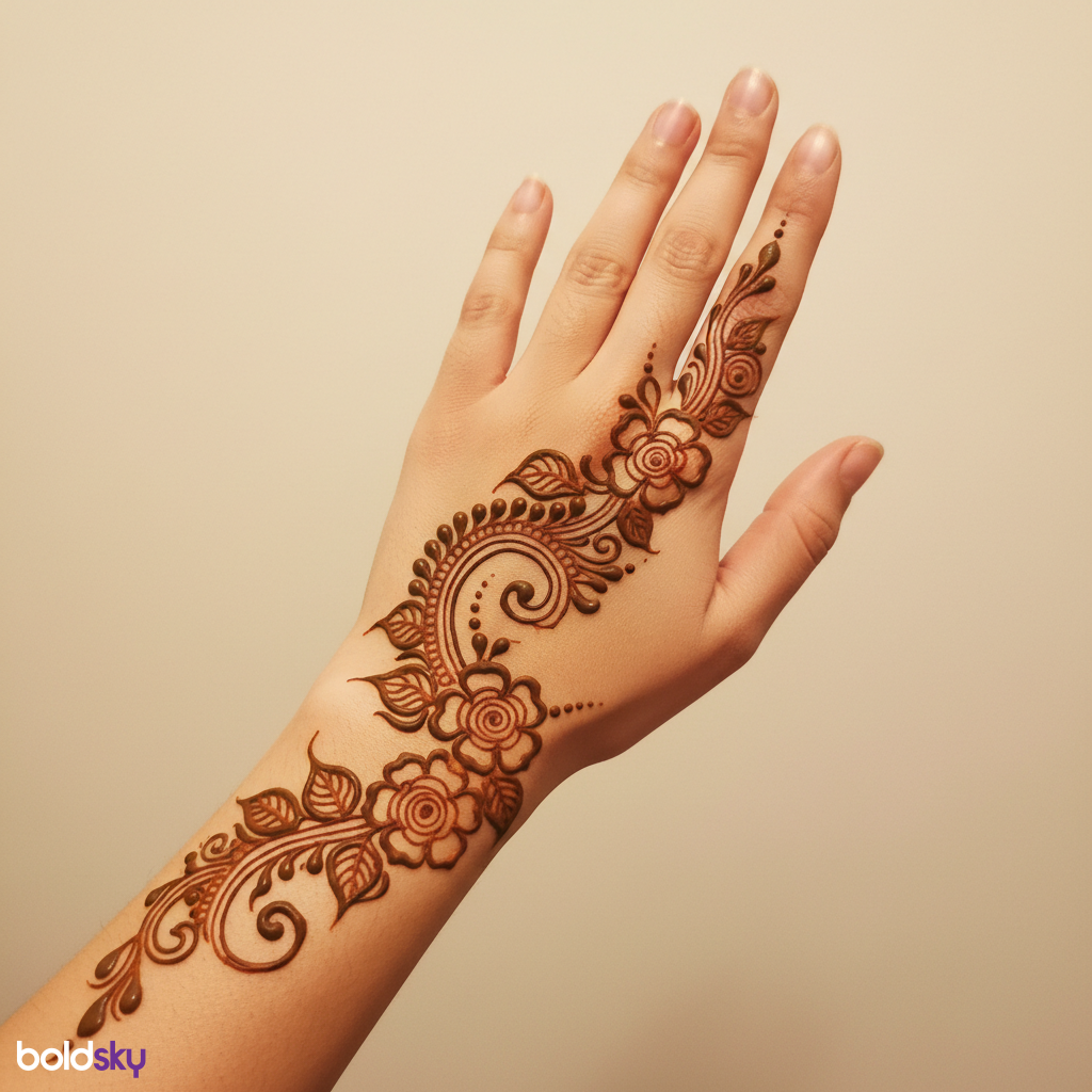 Back of left hand rose vine mehndi.