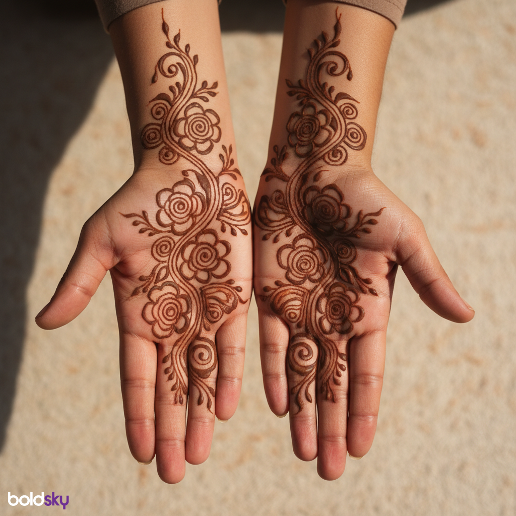 Both palms symmetrical rose mehndi design.