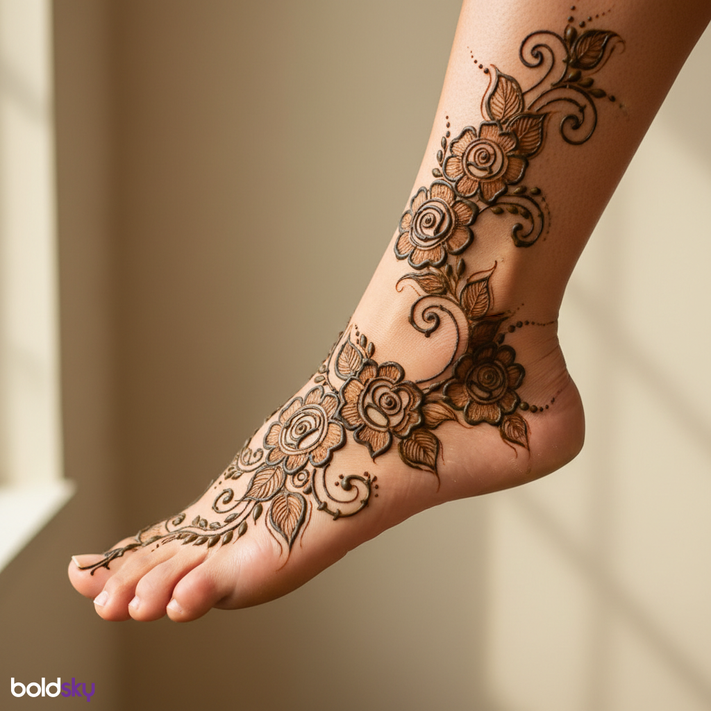 Left foot elaborate rose mehndi design.