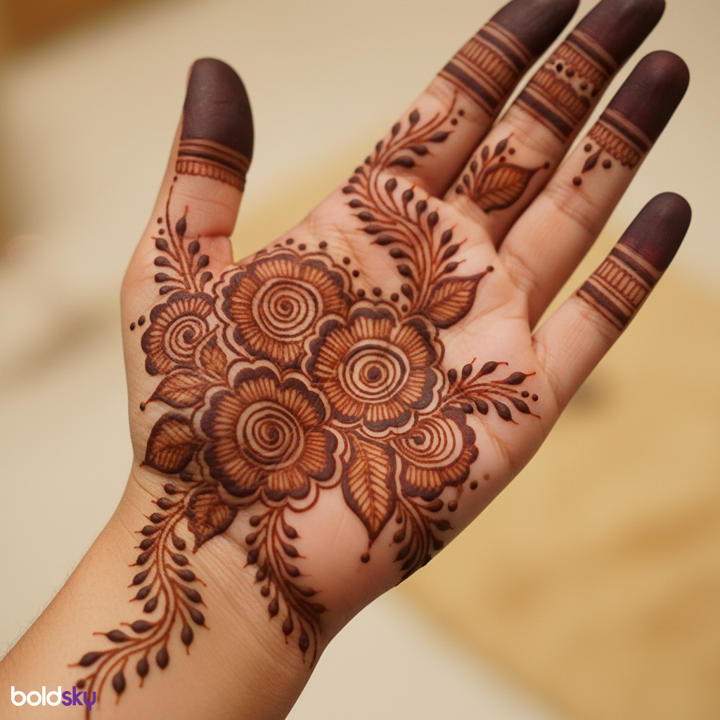 Left palm contemporary rose mehndi design.