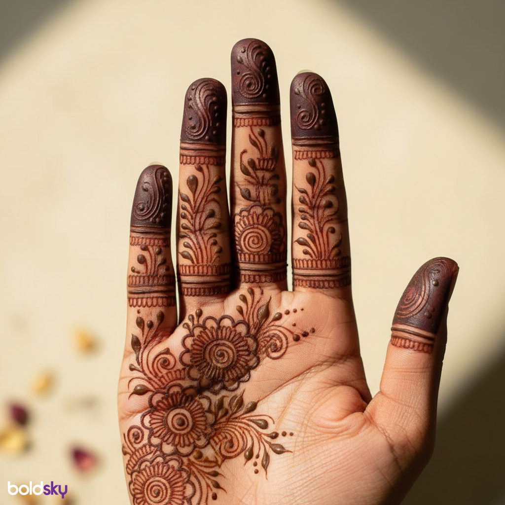 Right hand front royal finger mehndi close-up.