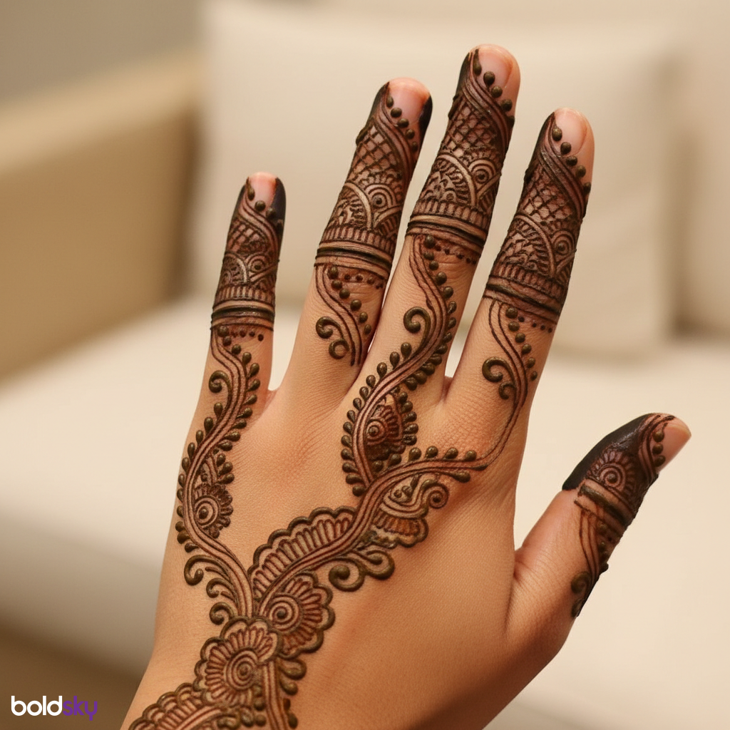 Left hand back royal finger mehndi detail.