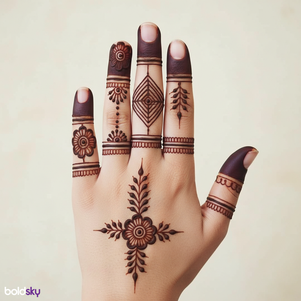 Left hand front geometric finger mehndi.