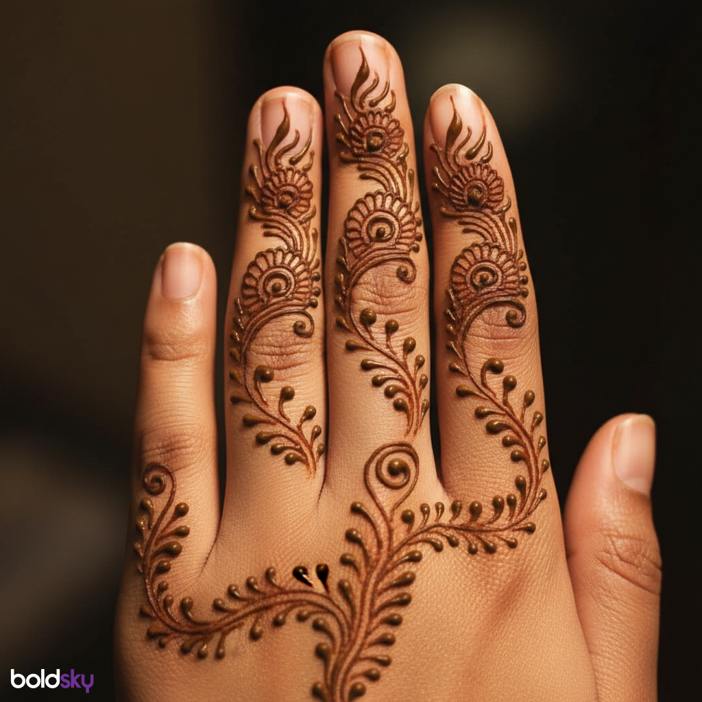 Left hand back peacock finger mehndi.