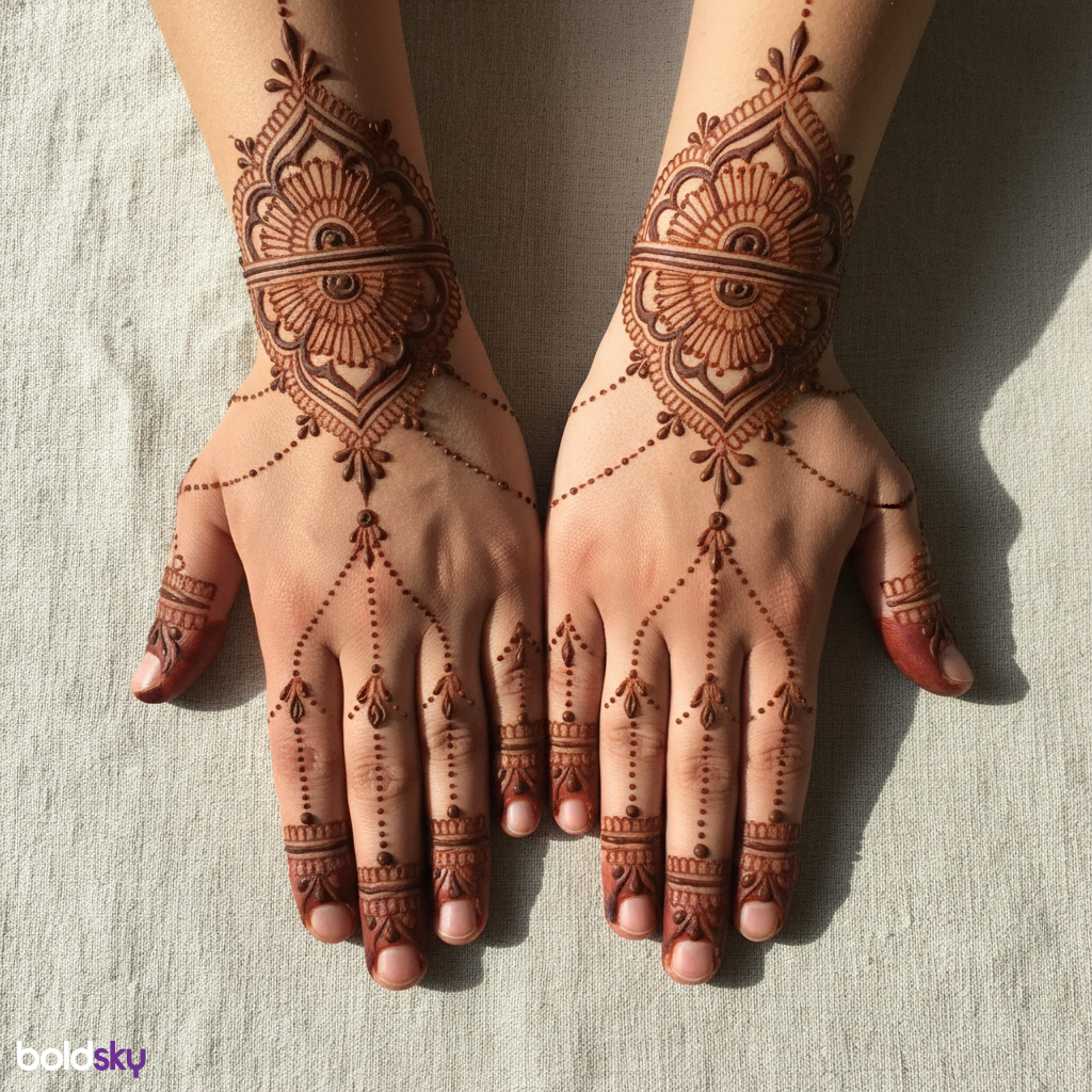 Both hands front matching royal finger mehndi.