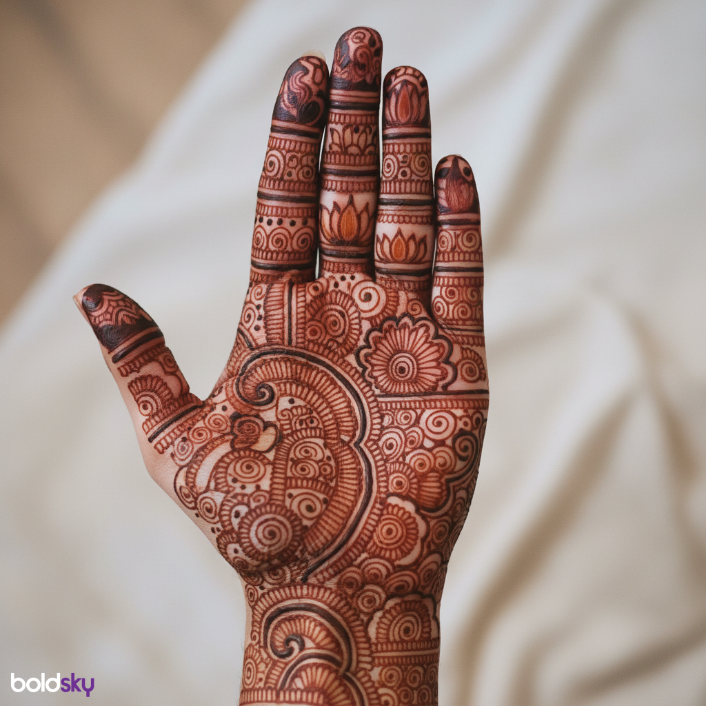Royal front hand mehndi with central mandala.