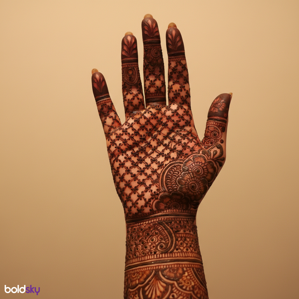 Intricate royal front hand jaali floral mehndi.