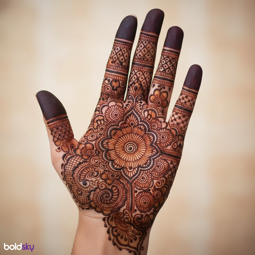Royal front hand mehndi with flowing paisley.