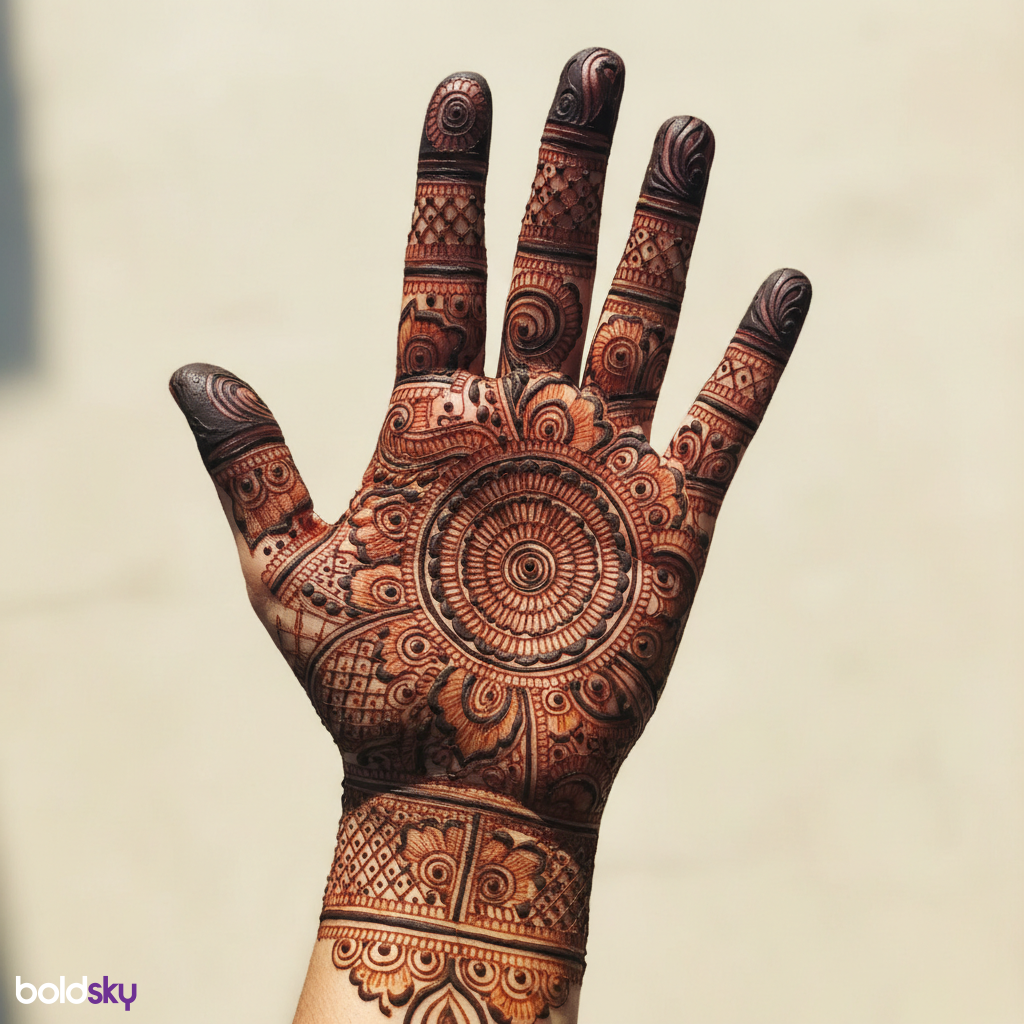 Dense royal front hand mehndi design.