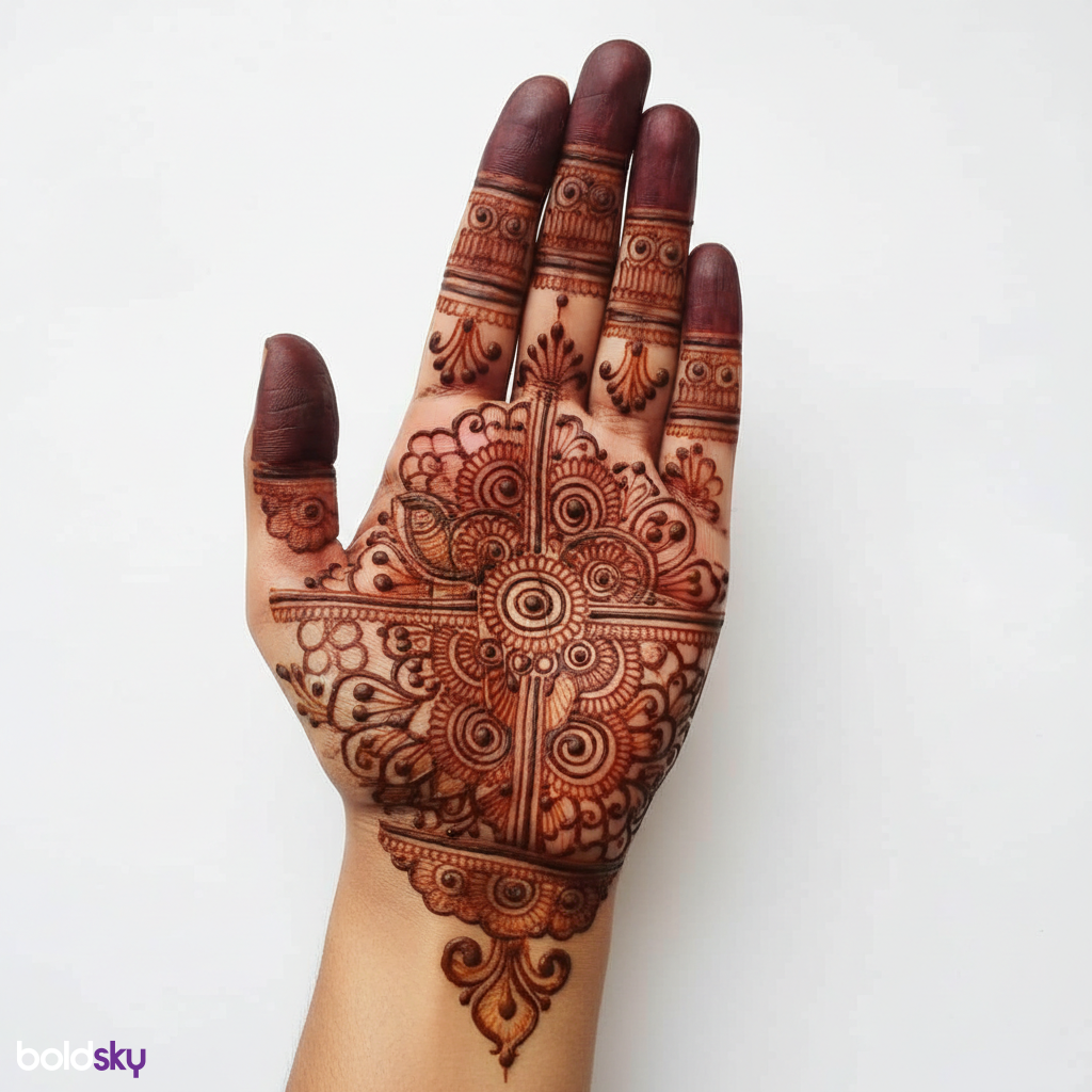 Balanced royal front hand mehndi pattern.