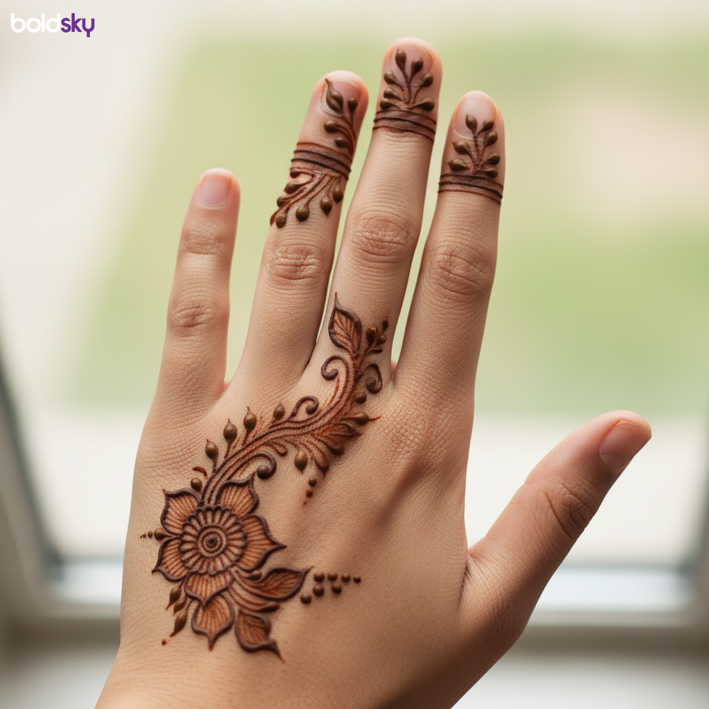 Back left hand short floral mehndi design.