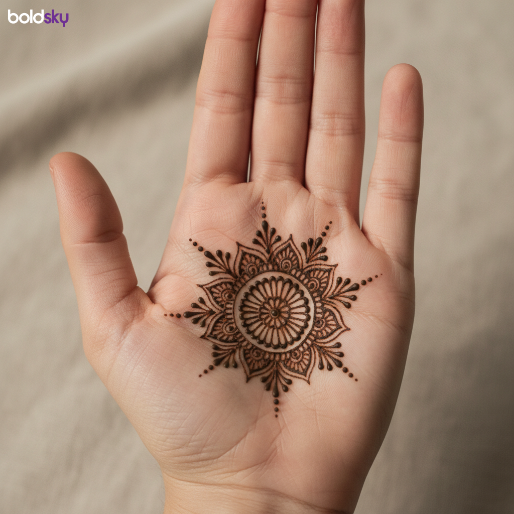 Left palm small central mandala mehndi.