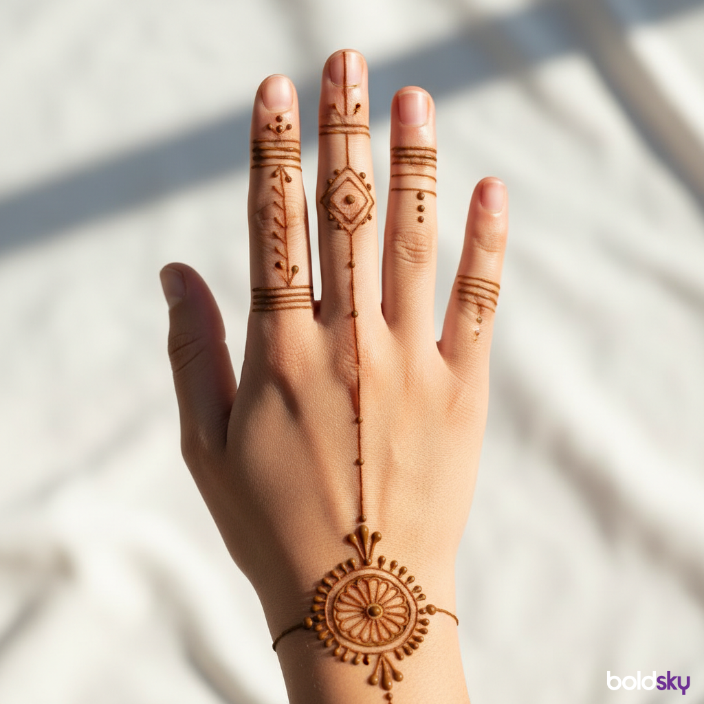 Simple front hand mehndi, finger and wrist.