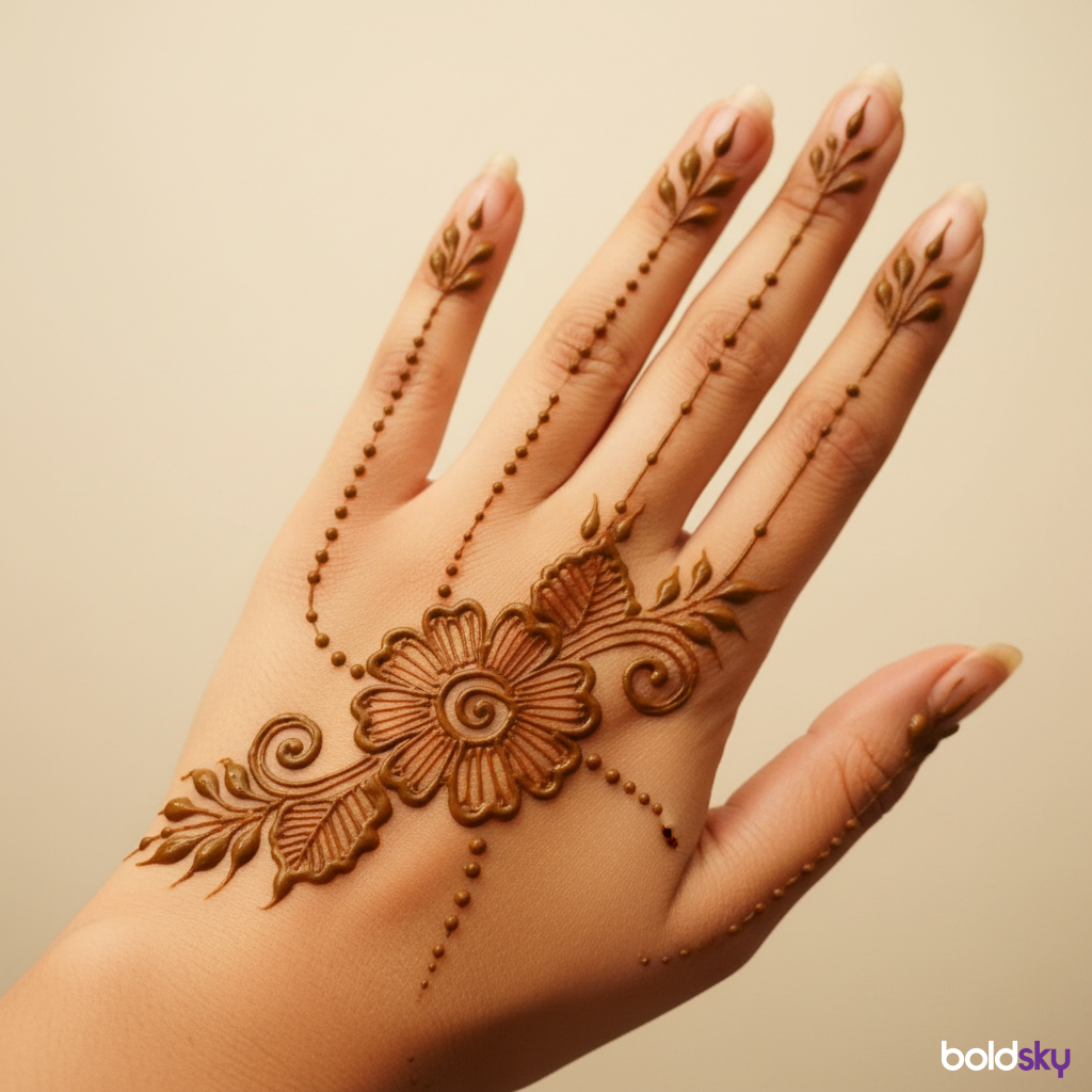 Back hand floral mehndi, finger trails.