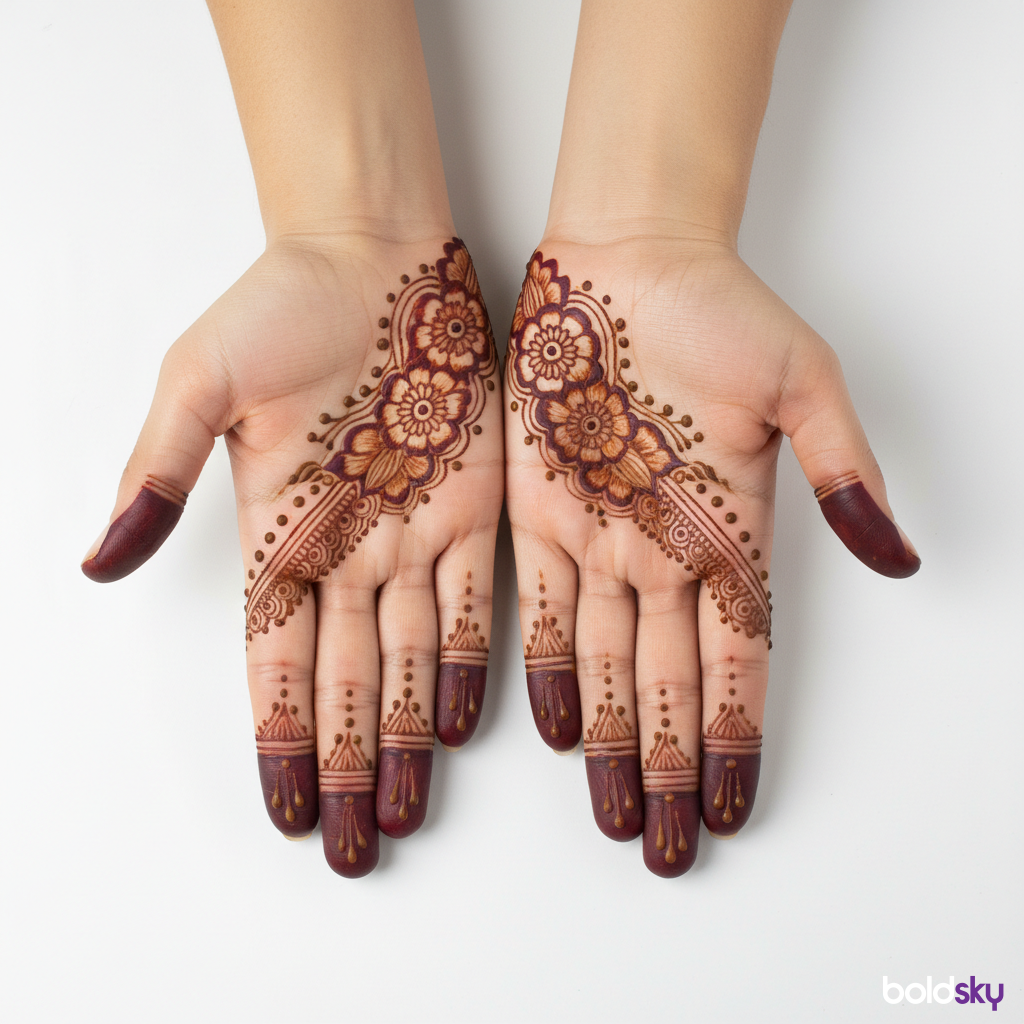 Both palms matching finger mehndi.