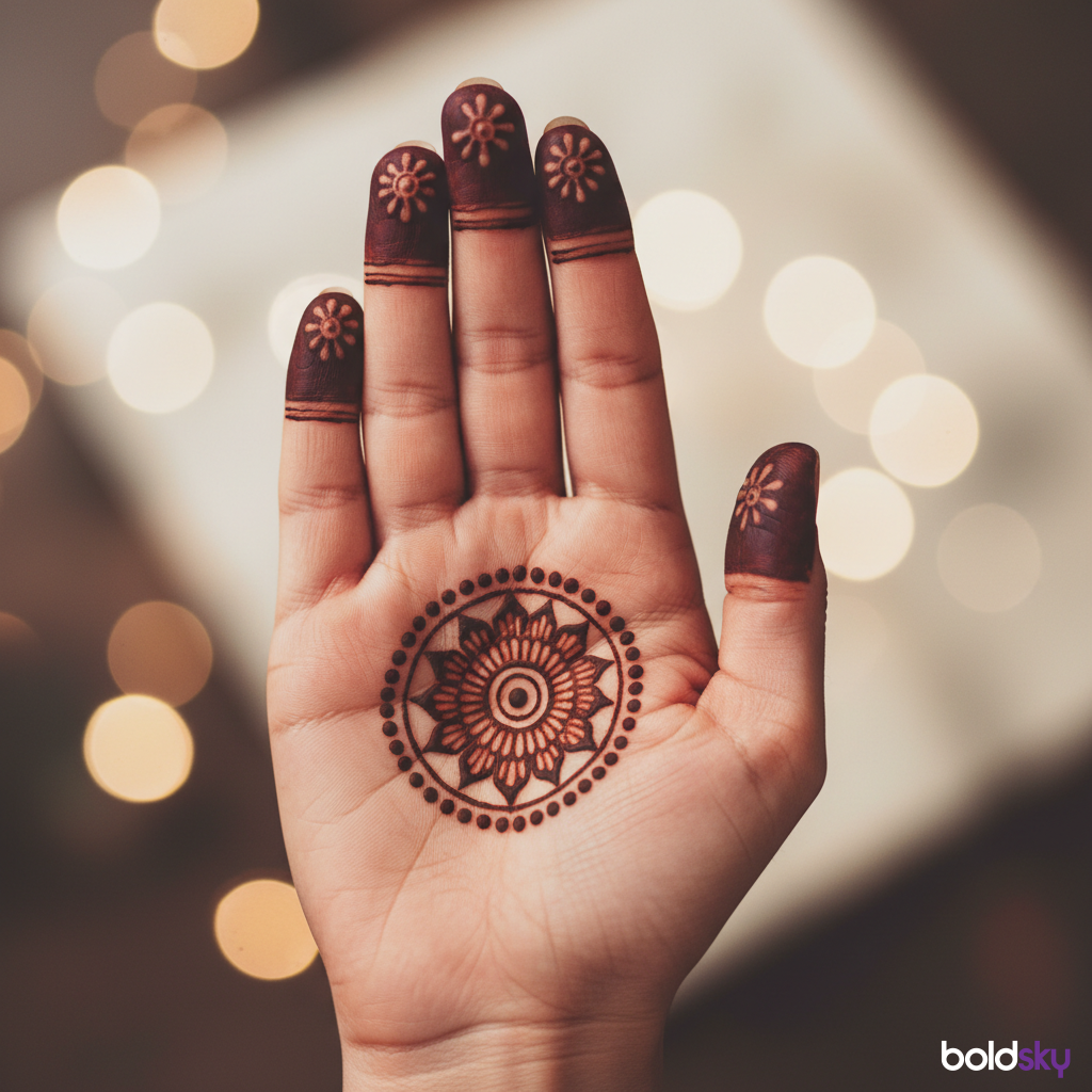 Palm small mandala dot border mehndi.