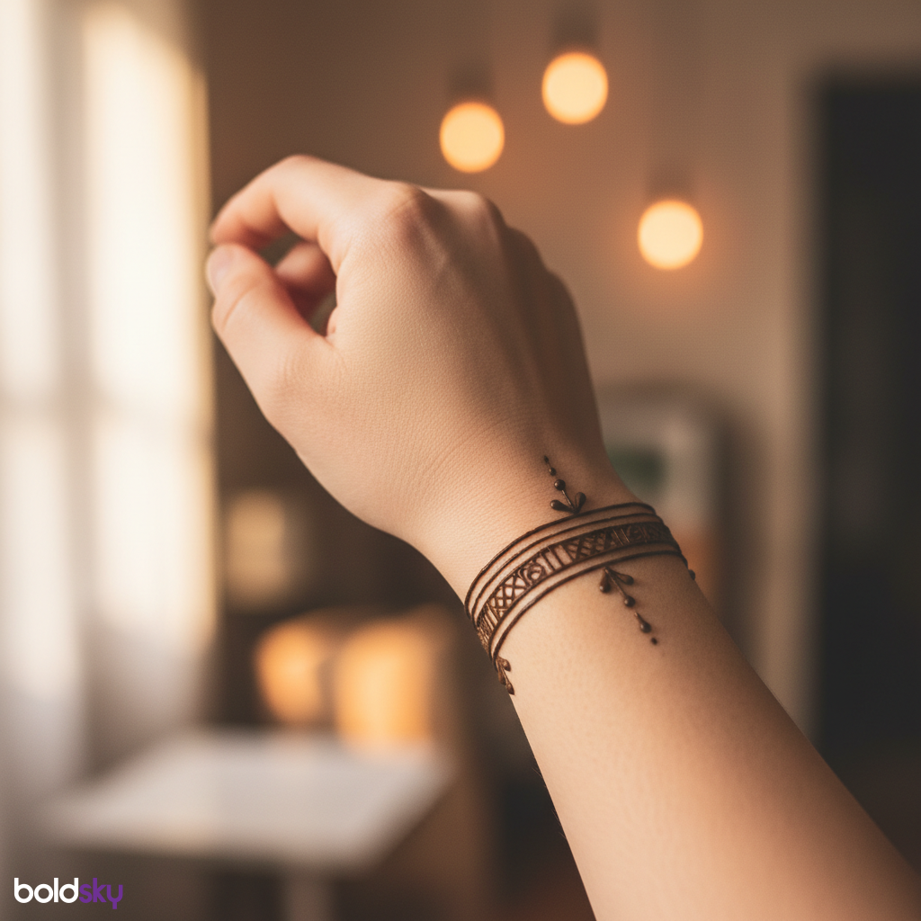 Minimalist mehndi band on right wrist.
