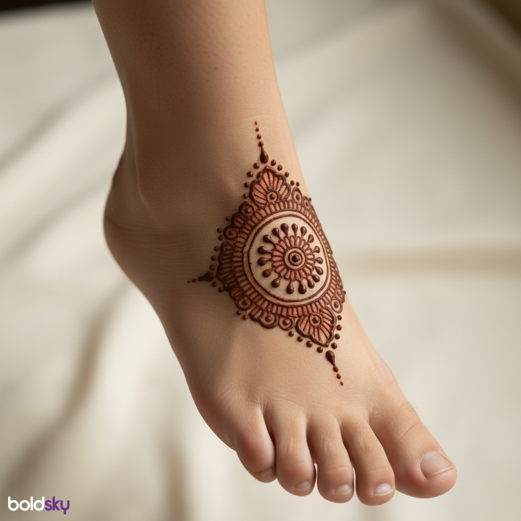 Ankle bracelet mehndi design on right foot.