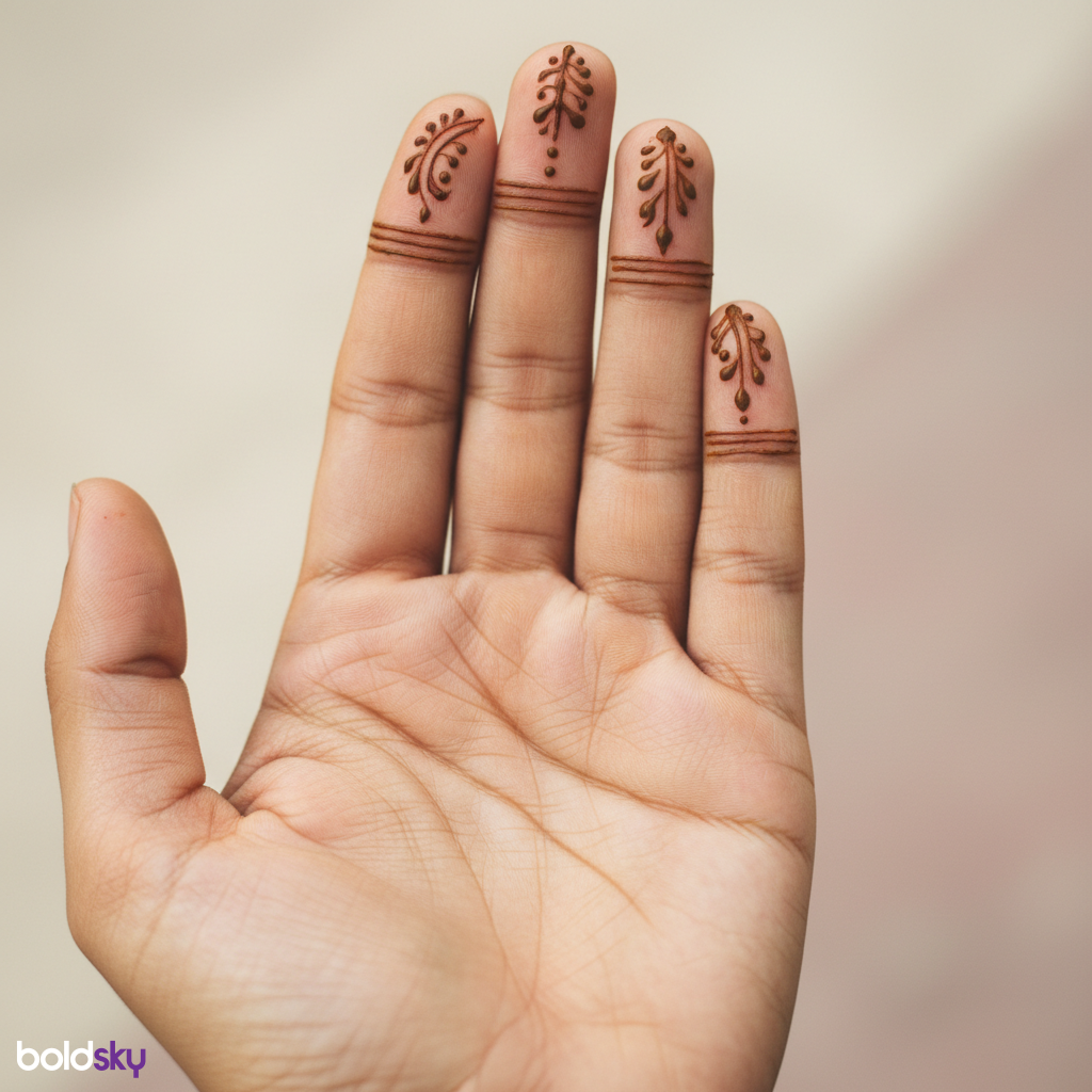 Fingertip mehndi designs on left palm.