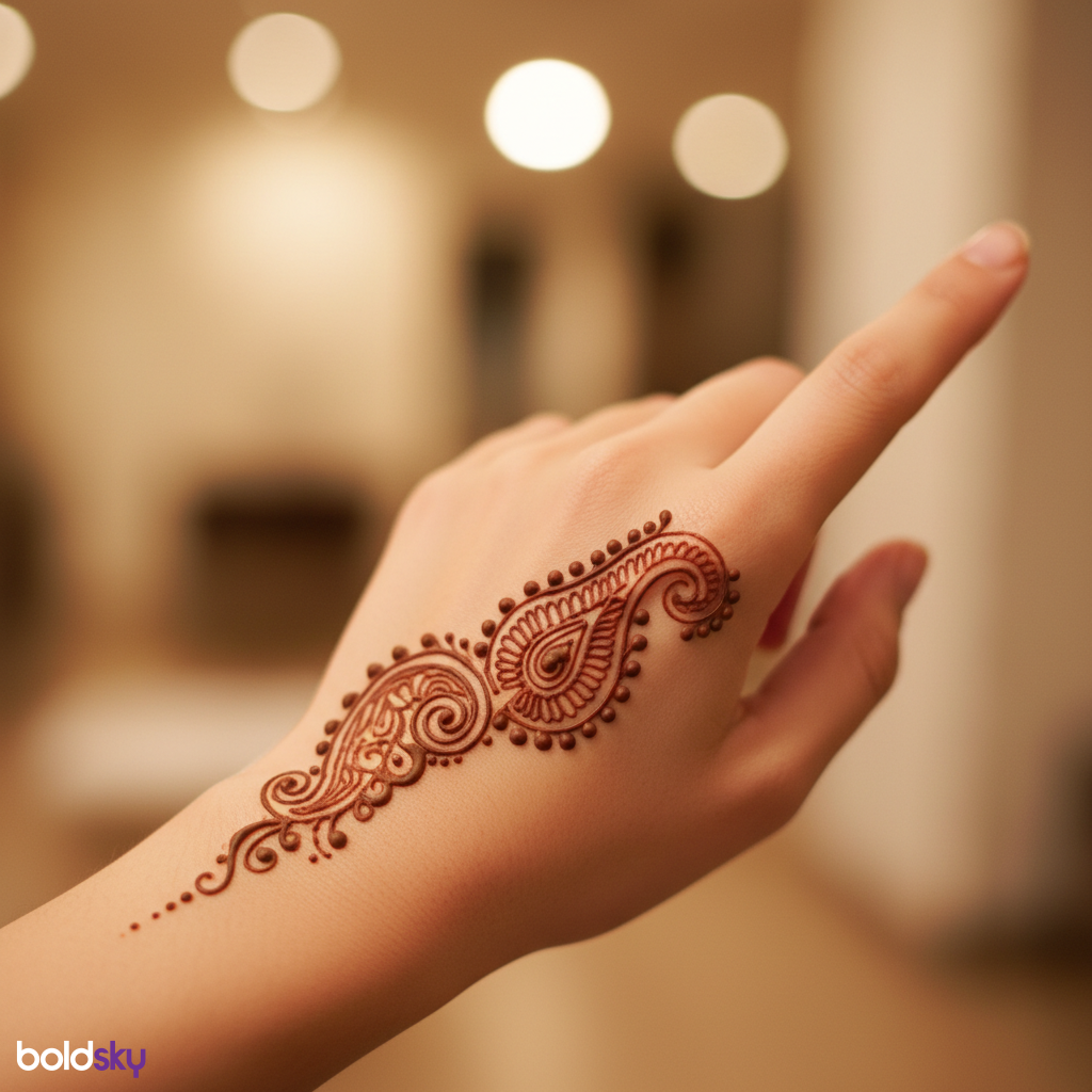 Small paisley mehndi on left hand back.
