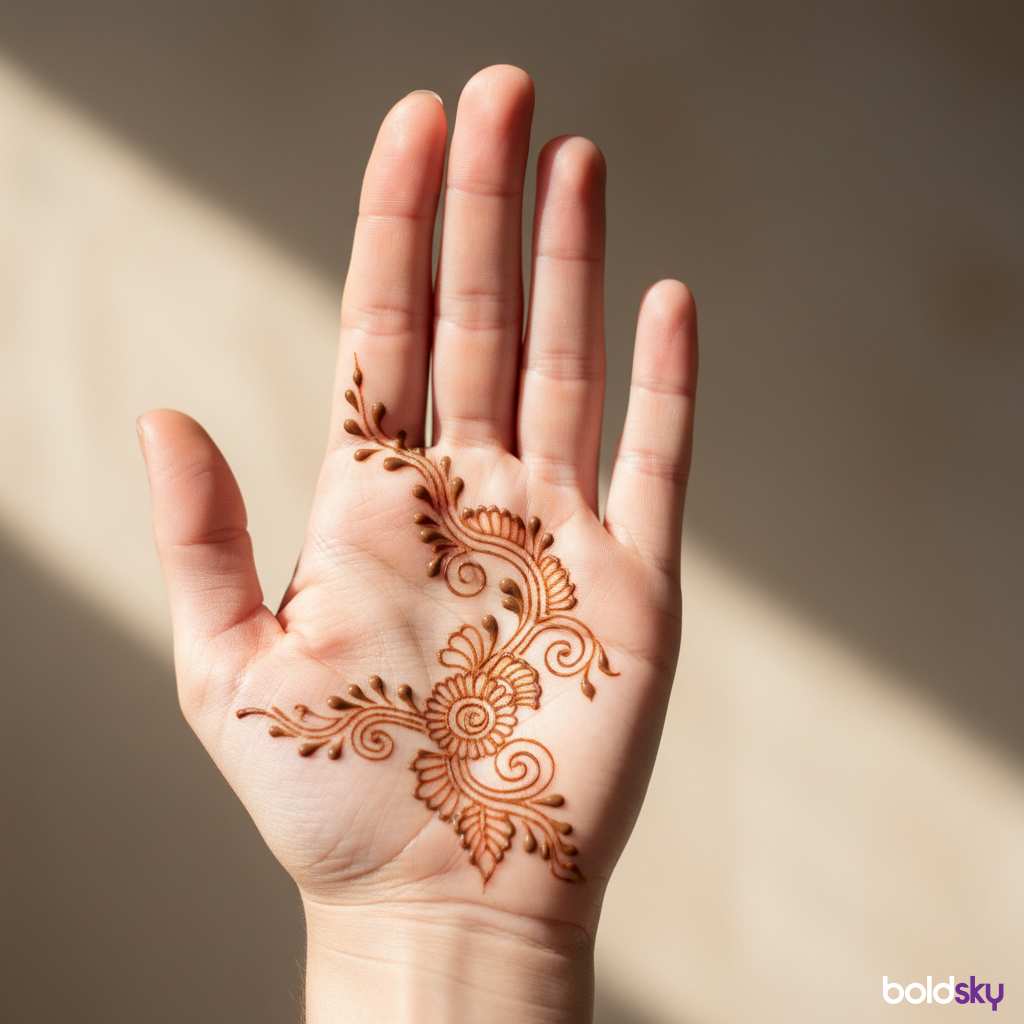 Small floral mehndi on left palm.