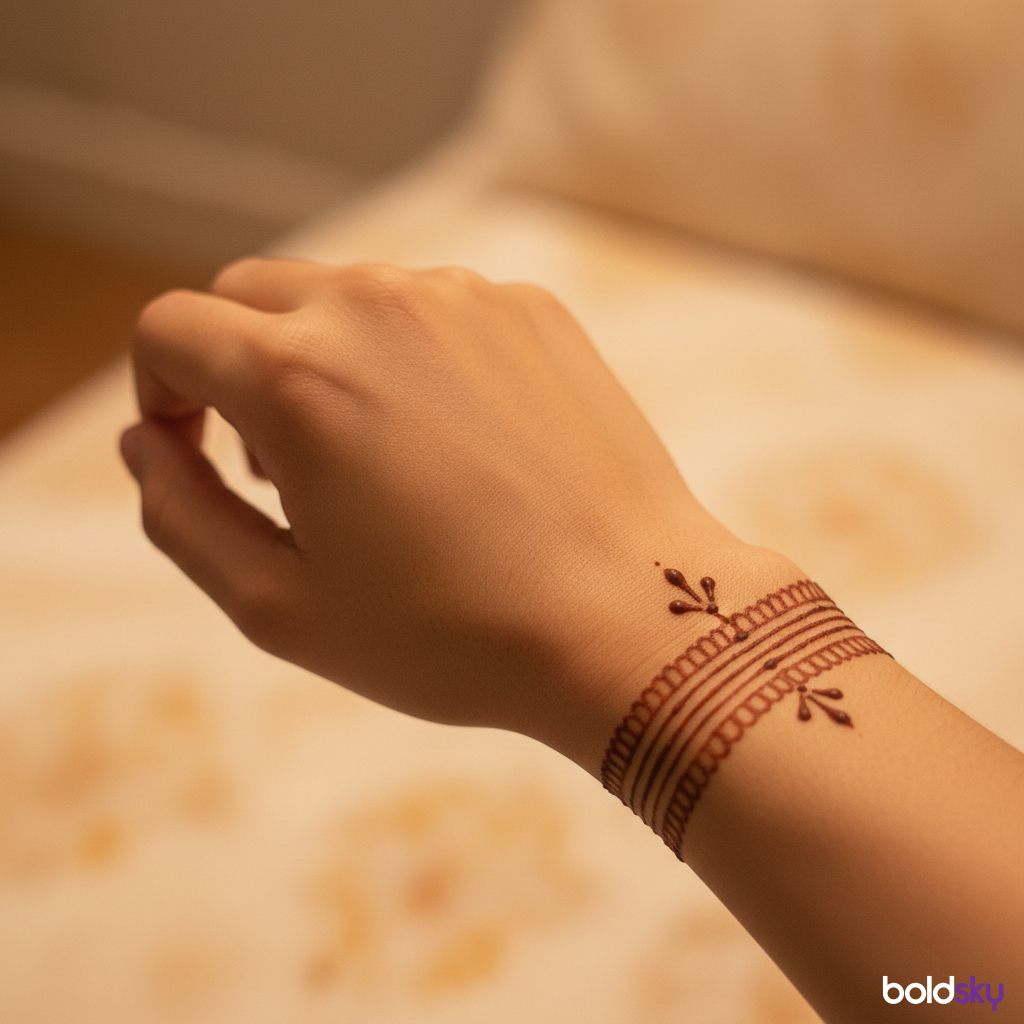 Minimalist mehndi band on right wrist.