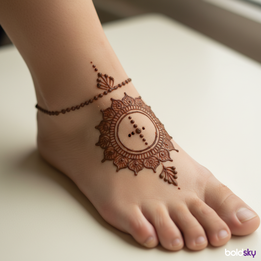 Ankle bracelet mehndi design on right foot.