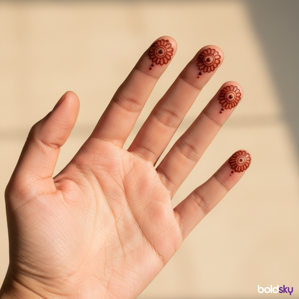 Fingertip mehndi designs on left palm.
