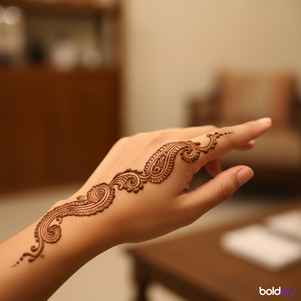 Small paisley mehndi on left hand back.