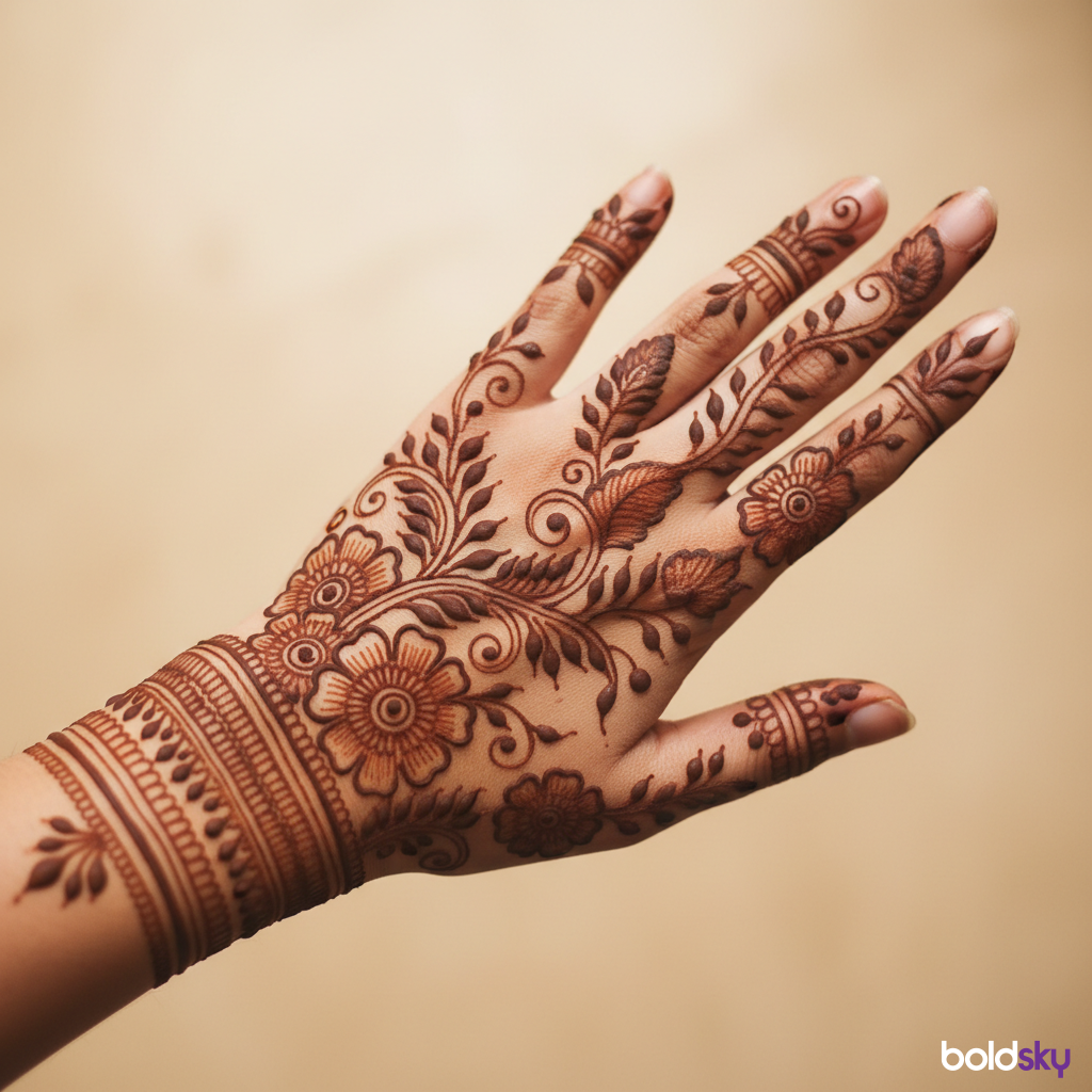Back of left hand floral vine mehndi.