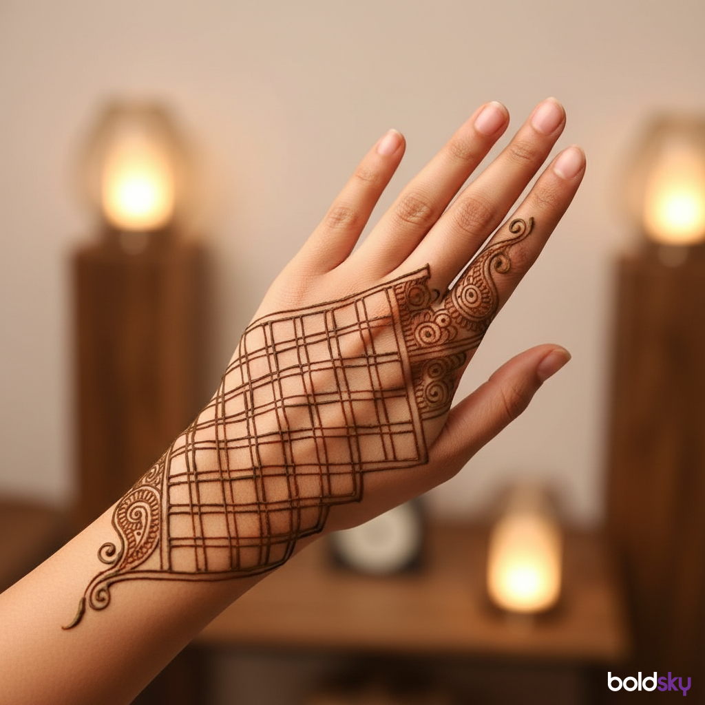 Back of left hand geometric jaali mehndi.