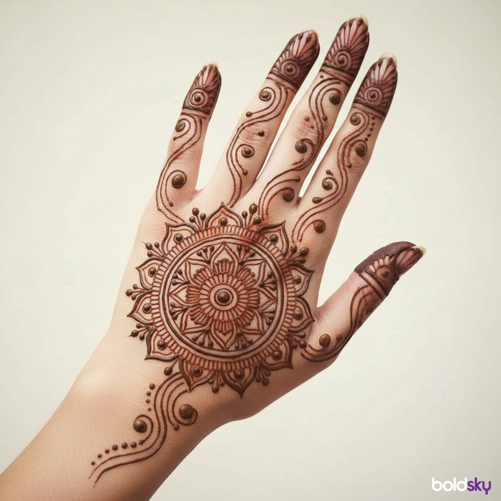 Left hand mandala and finger trails mehndi.