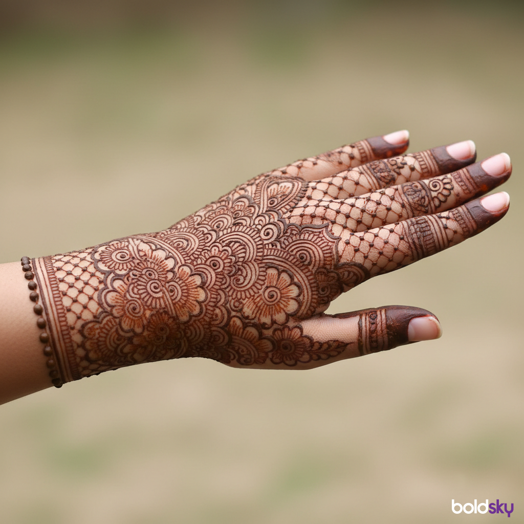 Left hand dense bridal back mehndi.