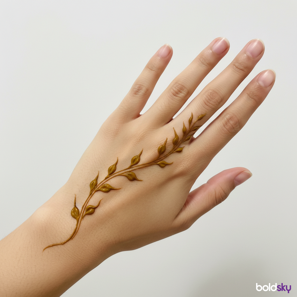 Left hand minimalist vine leaf mehndi.
