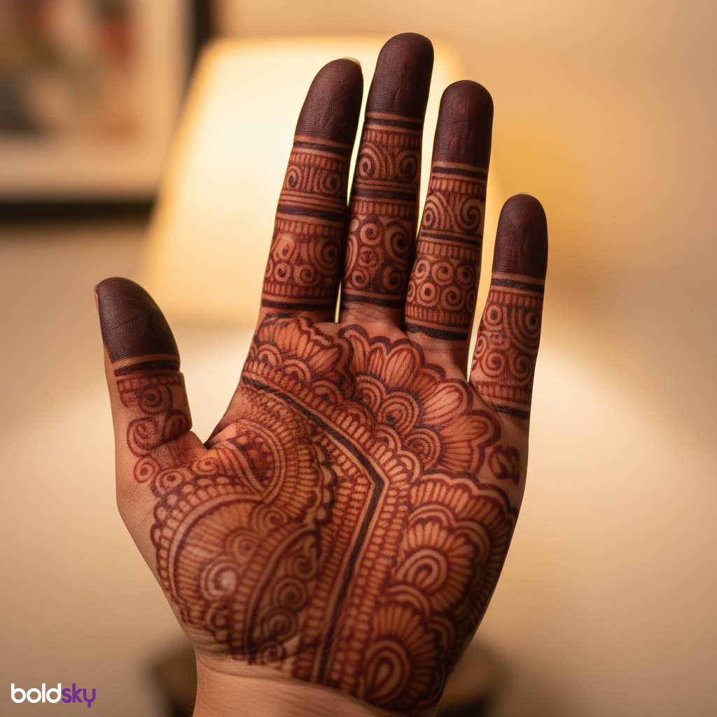 Left hand front finger mehndi close-up