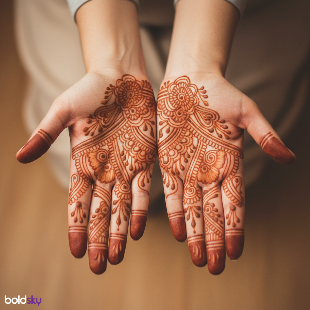 Both hands front finger mehndi symmetry