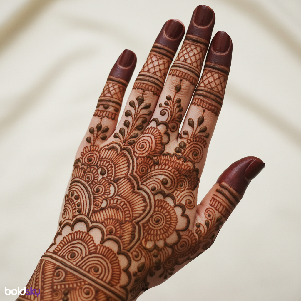 Left hand back finger mehndi trails