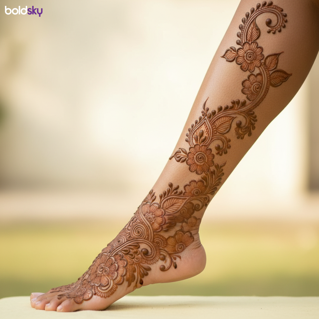 Elegant floral vine mehndi on lower leg