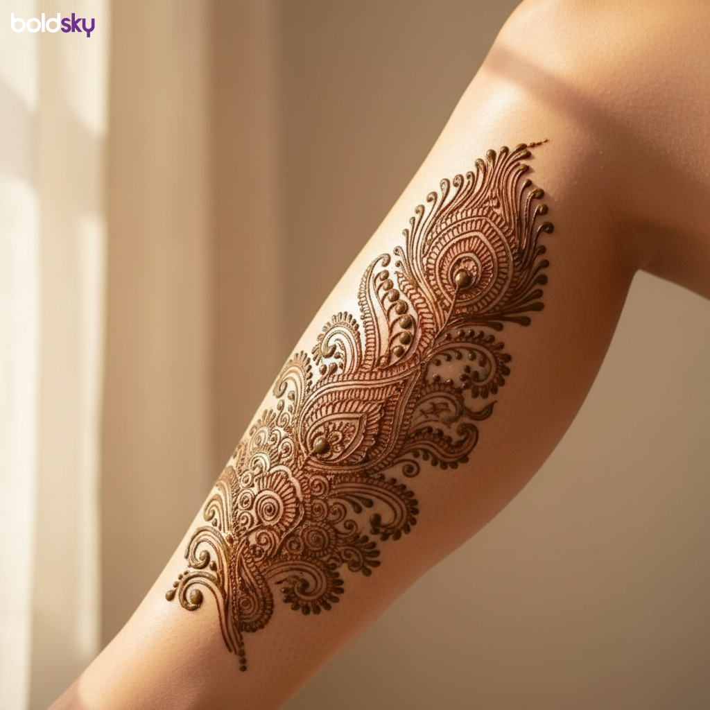 Peacock feather mehndi on lower leg