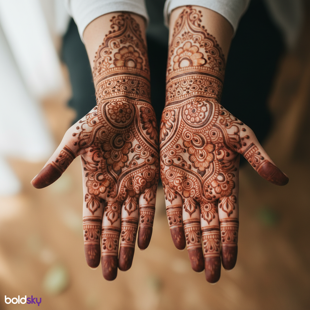 Close-up both palms intricate floral mehndi