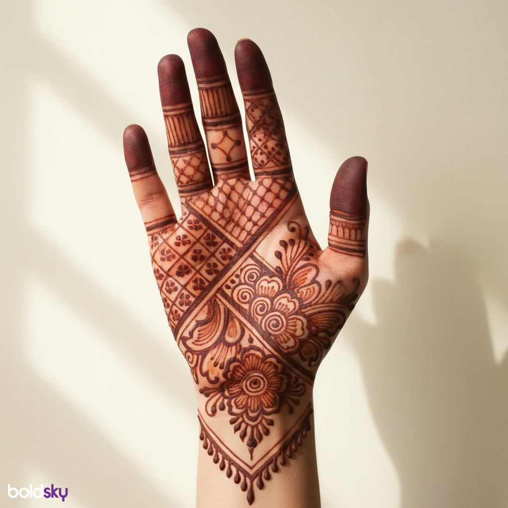 Right palm geometric floral mehndi