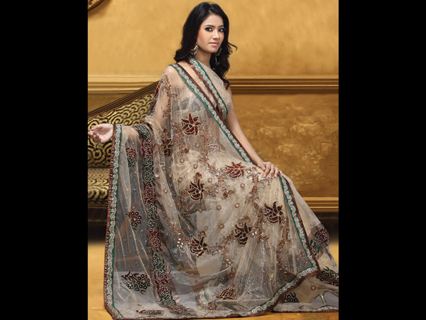 க்ரீம் நிற நெட் டிசைனர் சேலை