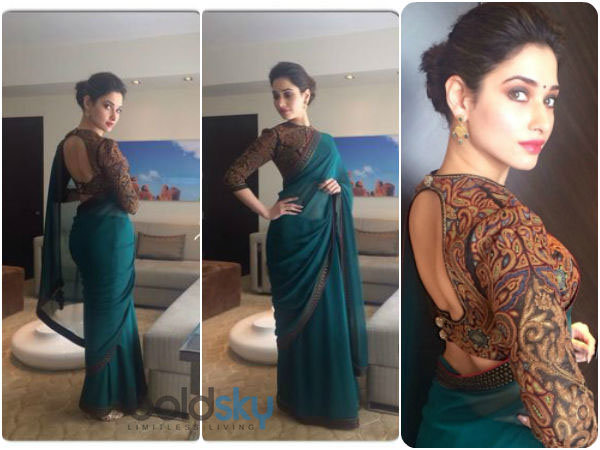 Tamannaah Bhatia picked a Tarun Tahiliani saree for the taping of On Koncham Touch Lo Unte Chepta. She looked breath-taking.