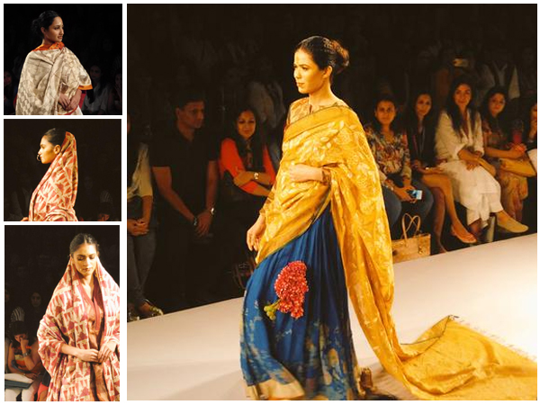 மஞ்சள் நிற தாவணி மற்றும் நீல நிற பாவாடை