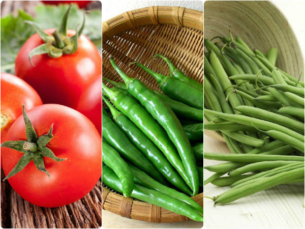 தக்காளி, மிளகாய், பீன்ஸ், அவரைக்காய்