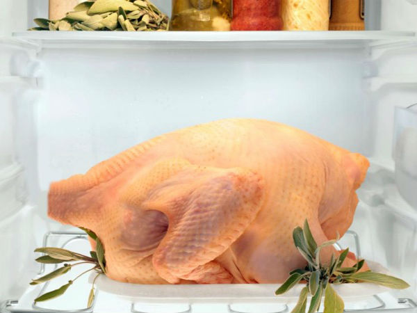 Never store chicken on the top shelf of the fridge Never store chicken on the top shelf of the fridge