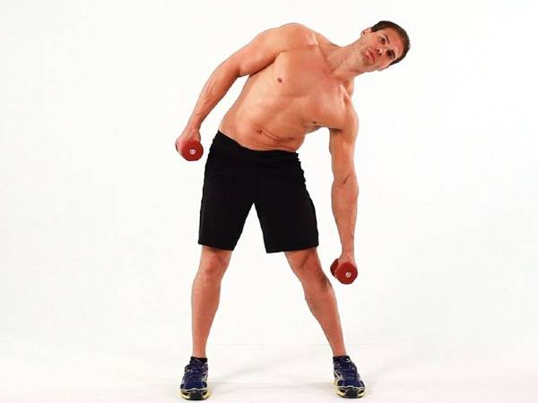 பளுக்கருவிகளை பிடித்துக் கொண்டு பக்கவாட்டில் சாய்ந்து நிமிரும் பயிற்சி (Side Bends With Weights)